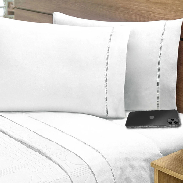 Lençol Ponto Palito  4 Pçs 400 Fios Toque Suave  Queen Branco