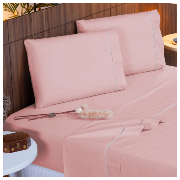 Lençol Pousada 3 Pçs 400 Fios Casen Ponto Palito Queen Rosê