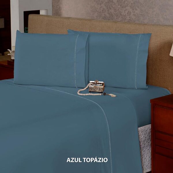 Lençol Queen 500 Fios 4 Peças 40cm Altura 100% Algodao - Azul