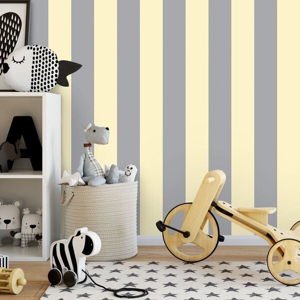 Listrado Cinza E Amarelo - Papel De Parede - 300