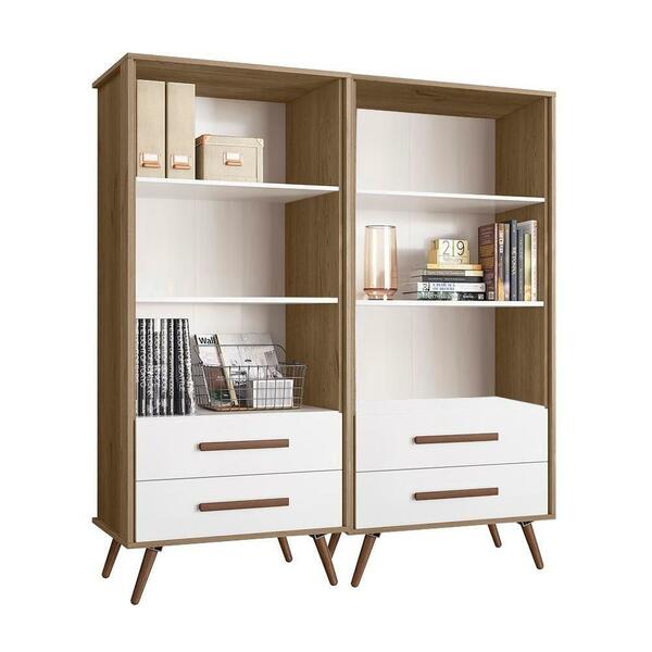 Livreiro 2 Gavetas Retro Carvalho Rústico/branco Kit Com 2