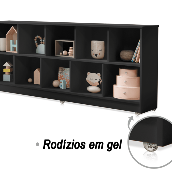 Livreiro Duplo Horizontal Preto C/10nichos E Rodízios Em Gel