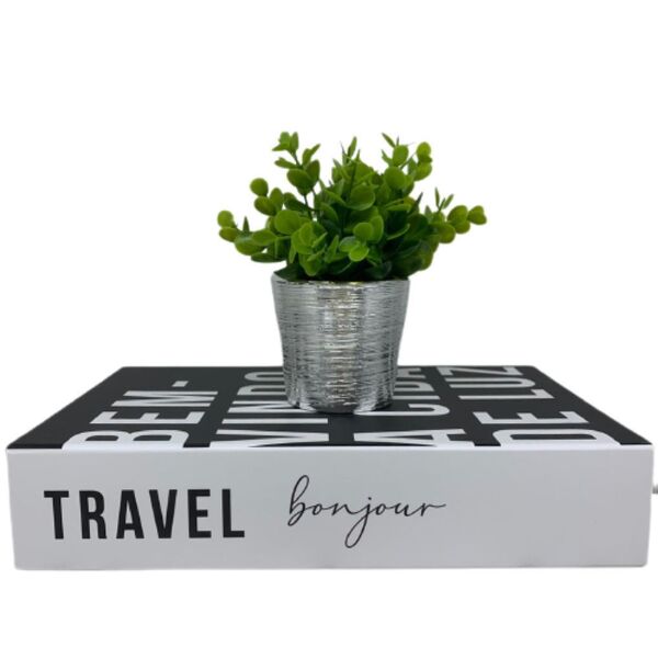 Livro De Papelão Decorativo E Vaso De Cerâmica Prateado