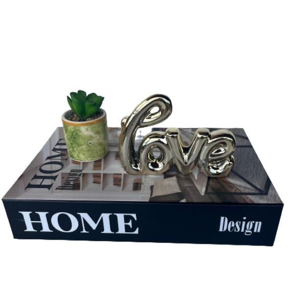 Livro De Papelão, Mini Vaso Verde E Palavra Love Dourada