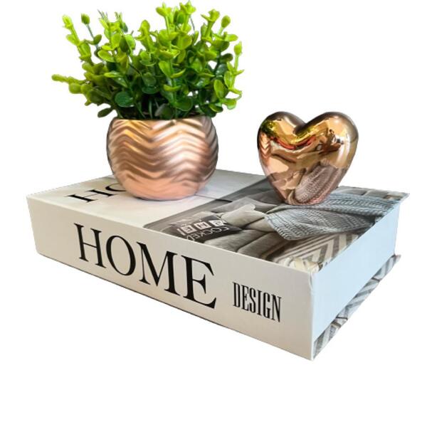 Livro De Papelão, Vaso De Cerâmica E Coração Rose Gold