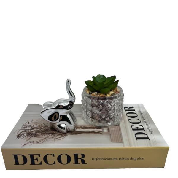 Livro Decorativo + Vaso De Vidro Trabalhado + Elefante Prata