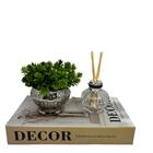 Livro Decorativo + Vaso Prata Cerâmico + Difusor De Vidro