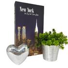 Livro Decorativo New York + Vaso Prata + Coração Cerâmico