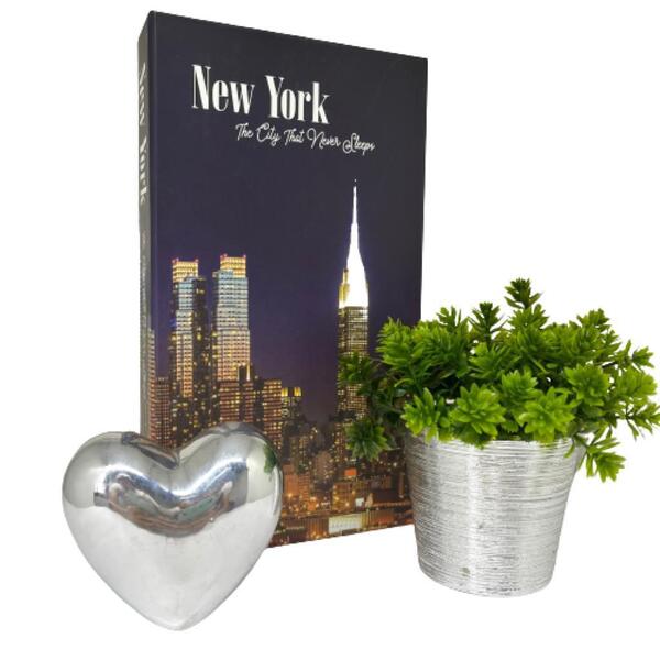 Livro Decorativo New York + Vaso Prata + Coração Cerâmico