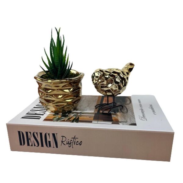 Livro Decorativo, Vaso Dourado E Pássaro Com Pé De Metal
