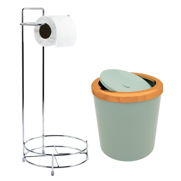 Lixeira 5l Tampa Rosé Gold Com Suporte Redondo Porta Papel Ve