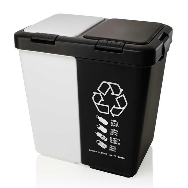 Lixeira Dupla Preto E Branco 40 Litros Com Tampa Abre Fácil