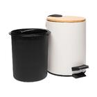 Lixeira Redonda De Metal Com Pedal Tampa Em Bambu Branca 5l