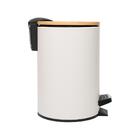 Lixeira Redonda De Metal Com Pedal Tampa Em Bambu Branca 5l