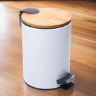 Lixeira Redonda De Metal Com Pedal Tampa Em Bambu Branca 5l