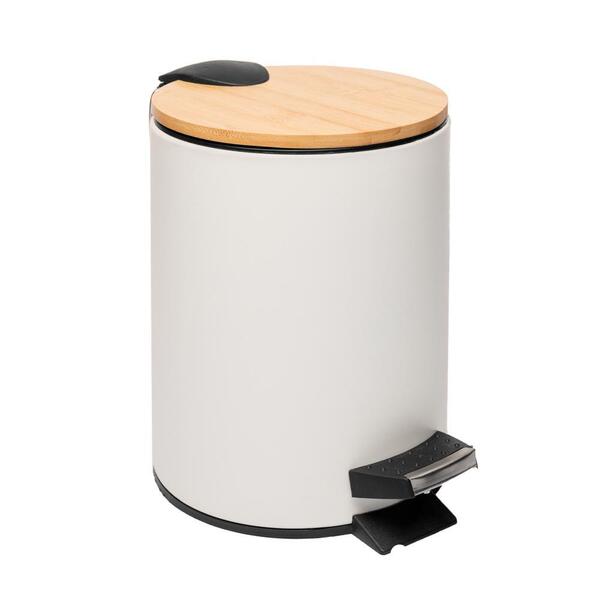 Lixeira Redonda De Metal Com Pedal Tampa Em Bambu Branca 5l