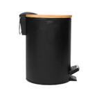 Lixeira Redonda De Metal Pedal E Tampa Em Bambu Preta 5l