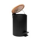 Lixeira Redonda De Metal Pedal E Tampa Em Bambu Preta 5l