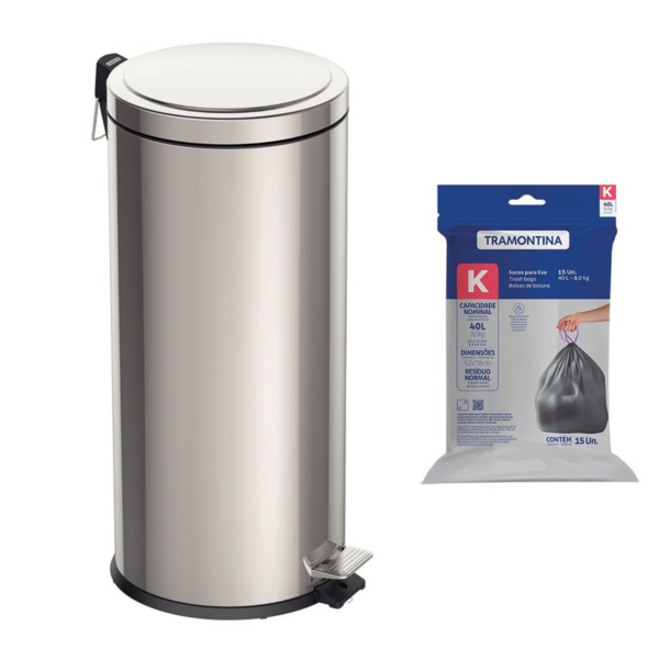 Lixeira Tramontina Brasil Com Pedal 30l Redonda Inox + Saco D