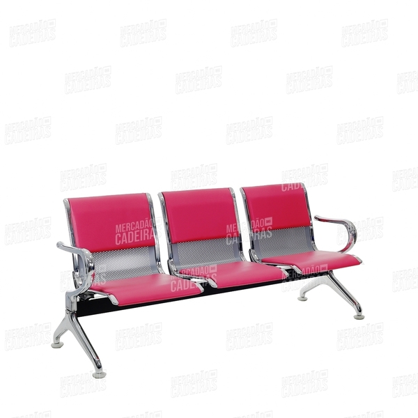 Longarina 3 Lugares Cromada Com Estofado Rosa (7739) B-203a -