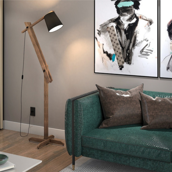 Luminária 1,6m Articulada Chão Pedestal Piso Abajur Madeira P