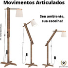 Luminária 1,6m Articulada Chão Pedestal Piso Abajur Madeira P