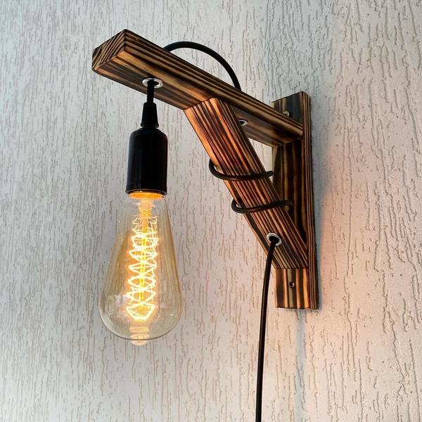 Luminária Arandela Mão Francesa Madeira De Parede Queimada Re