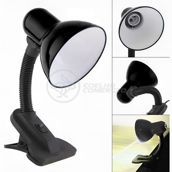 Luminária Articulada Preta Com Garra Presilha Bivolt E27 Para