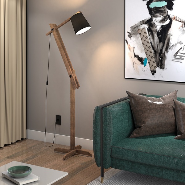 Luminária De Chão Abajur Rubi  Pés De Madeira Articulada  Com