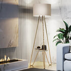 Luminária De Chão Com Pés De Ferro Dourado Cupula Bege