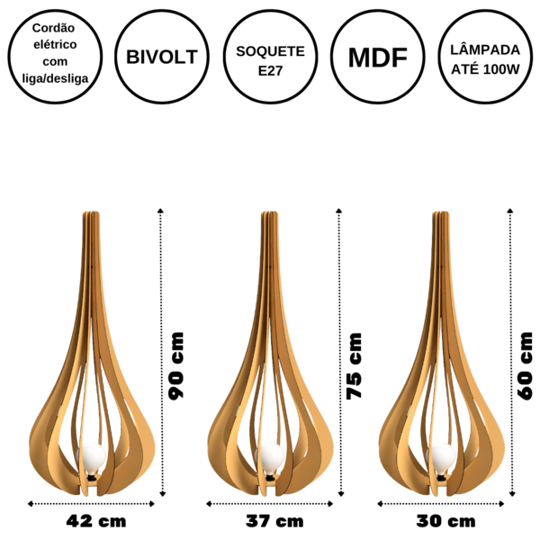 Luminária De Chão Mdf Ibiza Marrom Kit Com 3 - 90x28cm, 75x23