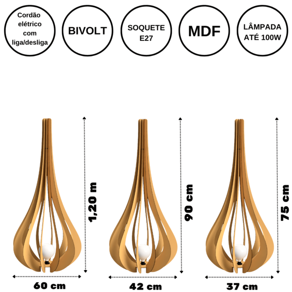 Luminária De Chão Mdf Ibiza Mdf Cru Kit Com 3 - 120x60cm, 90x