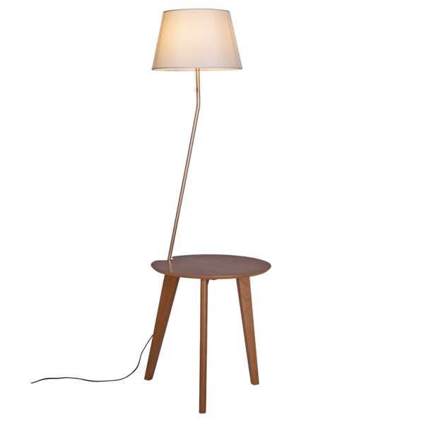 Luminária De Chão Tria Cúpula Algodão Cru E Mesinha Castanho