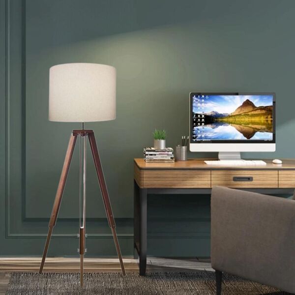 Luminária De Chão Tripé Base Madeira Vivare Md-2018 Cúpula Em