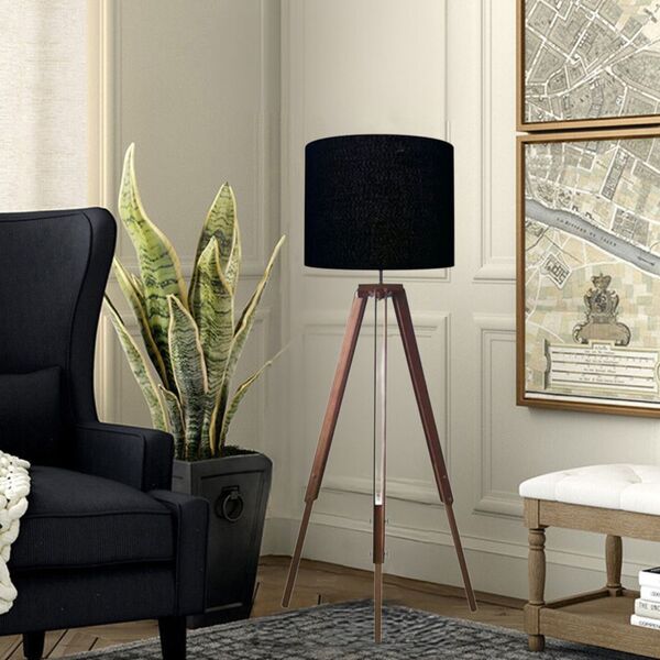 Luminária De Chão Tripé Base Madeira Vivare Md-2018 Cúpula Em