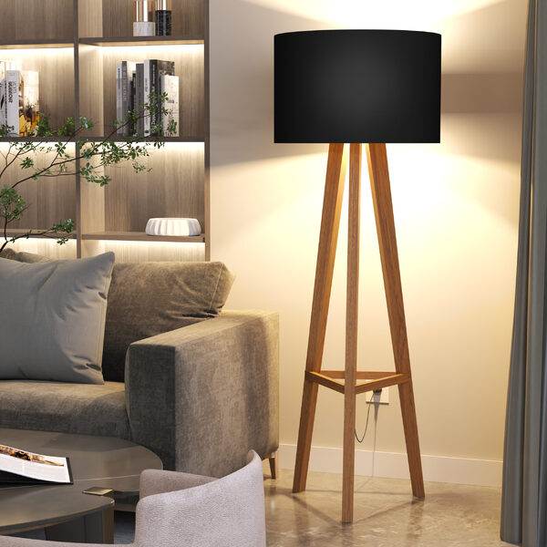 Luminária De Chão Tripé Celta Com Cúpula Abajur Black/nature