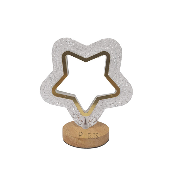 Luminária De Mesa Abajur Estrela Com Base De Madeira 22cm Led