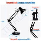 Luminária De Mesa Pixar Articulável Preta com Garra, Base e P