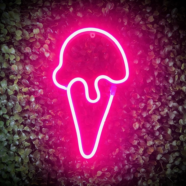 Luminária De Parede Sorvete Led Neon Rosa 26cm 3d Gold Print