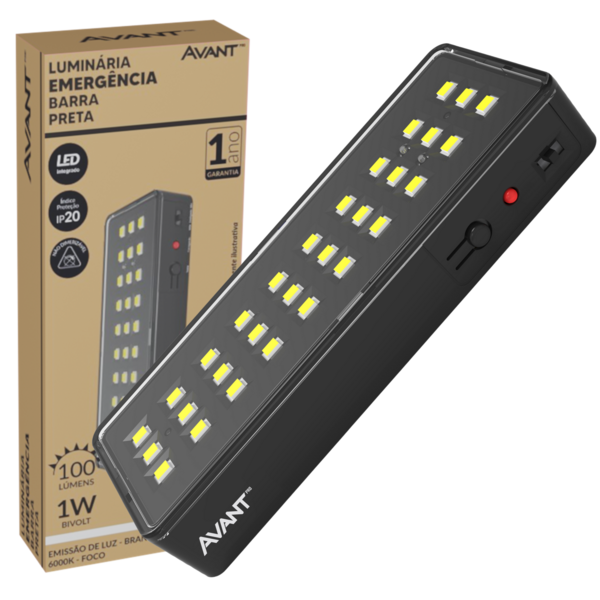 Luminaria Luz Emergencia Barra Preta 1w 6000k 30 Leds Bivolt