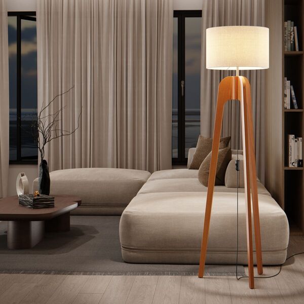 Luminária Modelo Atenas Pés Em Madeira E Cúpula Tecido Brugge