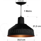 Luminaria Pendente Bedd 14" Retrô - Preto Fosco / Amarelo