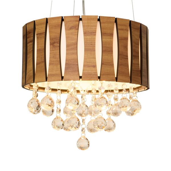 Luminária Pendente De Madeira E Cristais 30cm Amêndola + Led