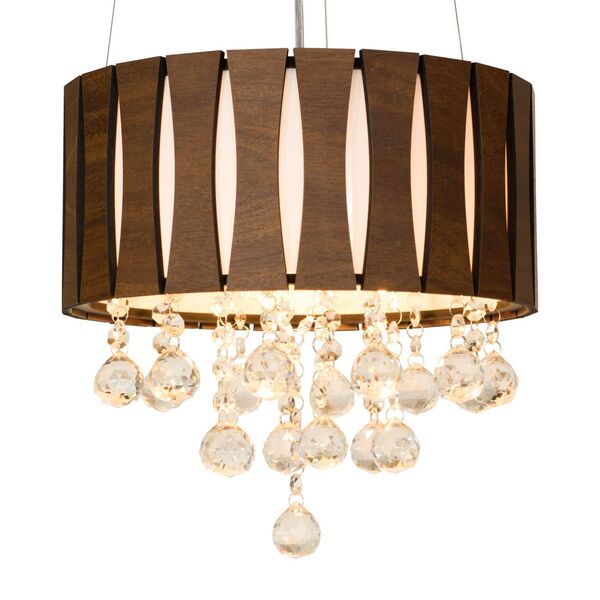 Luminária Pendente E Cristais 30cm Imbuia Escura + Led