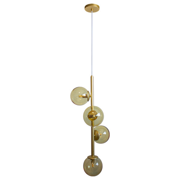 Luminária Pendente Galha Dourado 4 Globos Vidro Âmbar 12cm