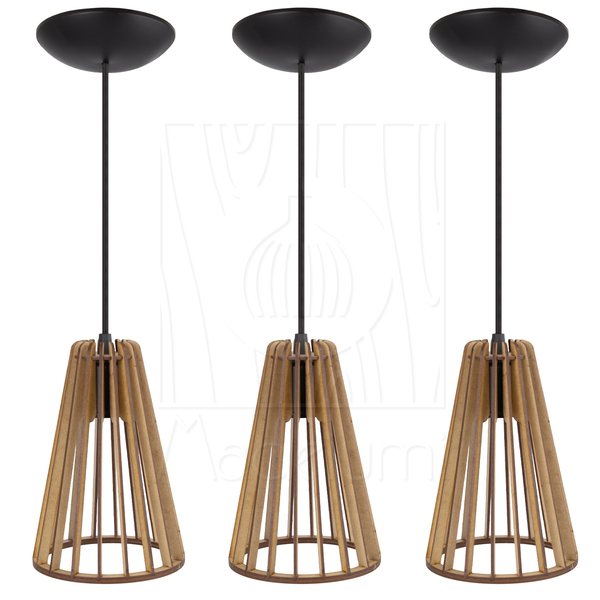 Luminária Pendente Madeira Koni Escritório E27 3 Unidades Rús