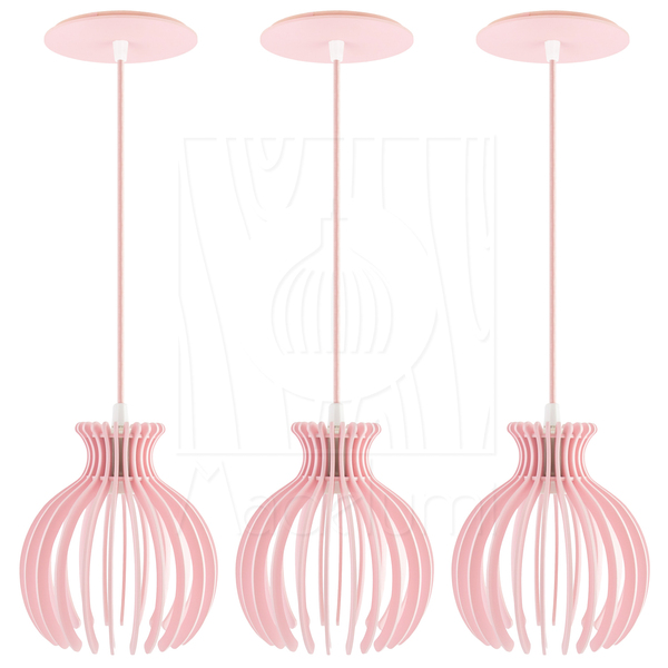 Luminária Pendente Madeira Nacar 18cm 3 Unidades Rosa Claro