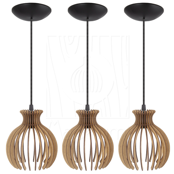 Luminária Pendente Madeira Nacar 18cm  E27 Sala 3 Unidades Rú