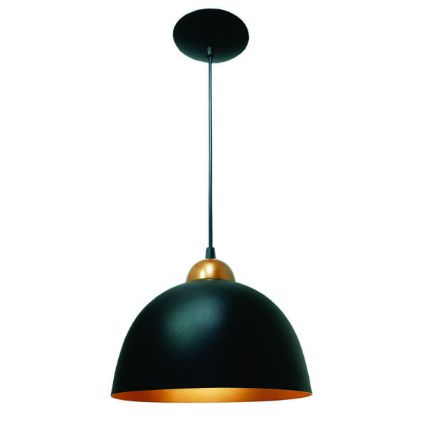 Luminária Pendente Meia Esfera 24 Cm Balcão Preto C/ Cobre