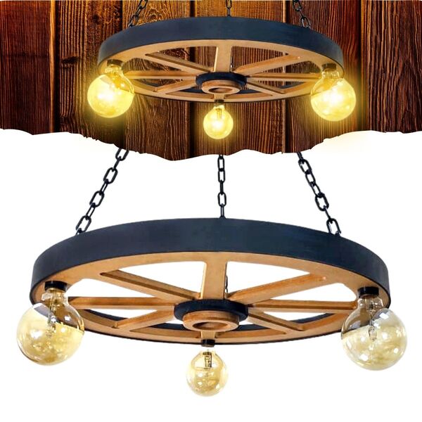 Luminária Rustica Roda De Carroça Pendente Lustre De Teto 3 B